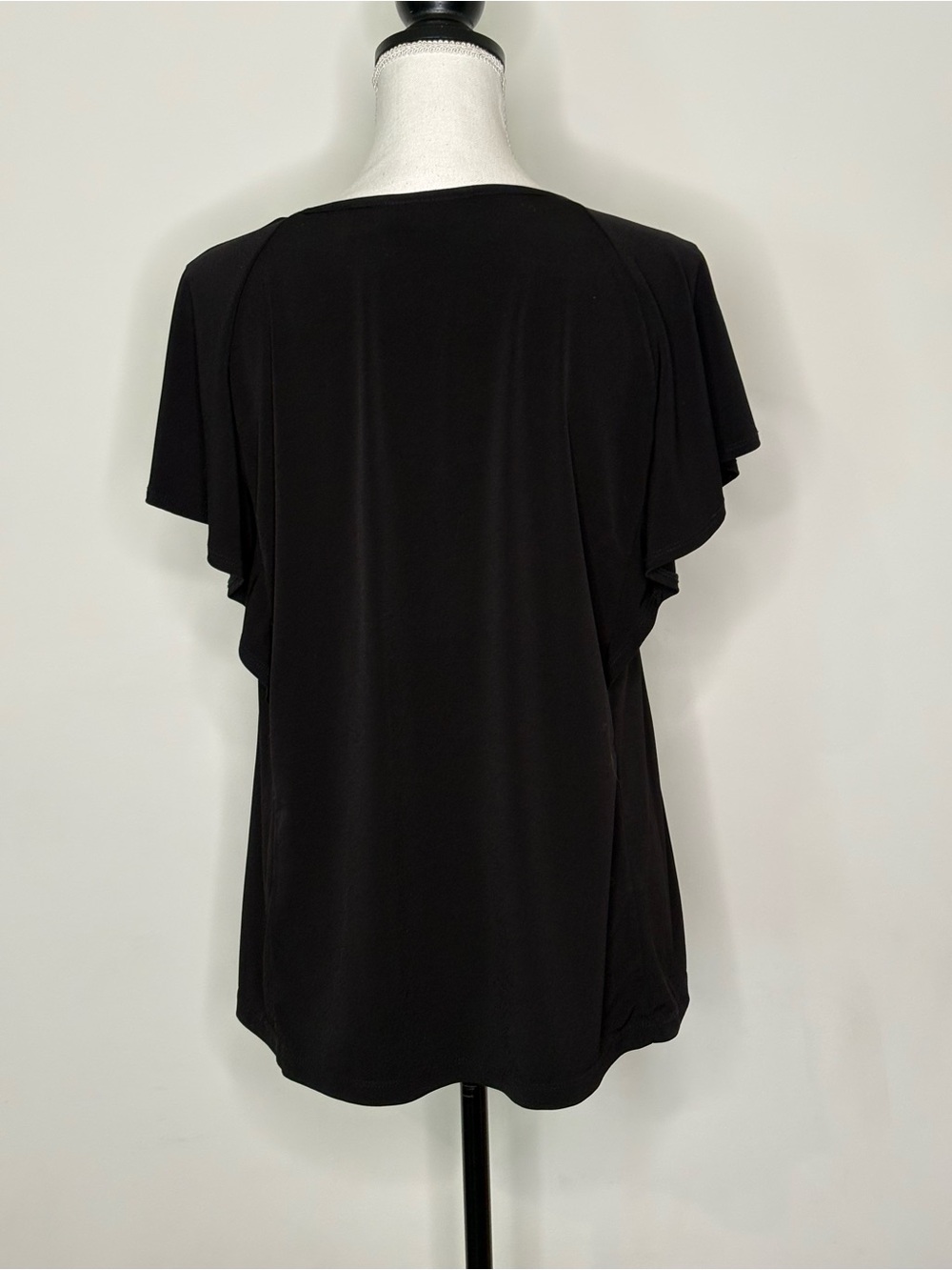 Susan Graver Dressy Liquid Knit Flutter Sleeves Top Black Blouse - Picture 6 of 8